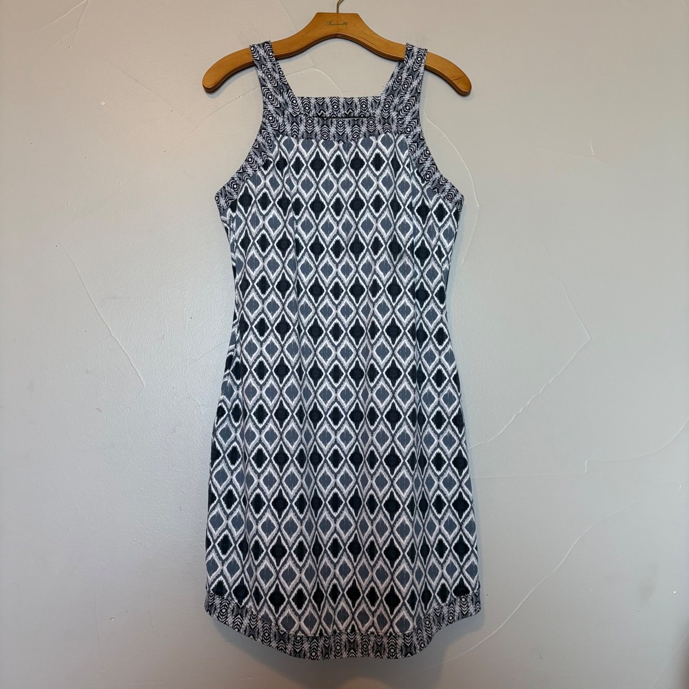 Title Nine Diamalete Athletic Tank Dress Gray Blue Geometric Ikat Shelf Bra SZ M